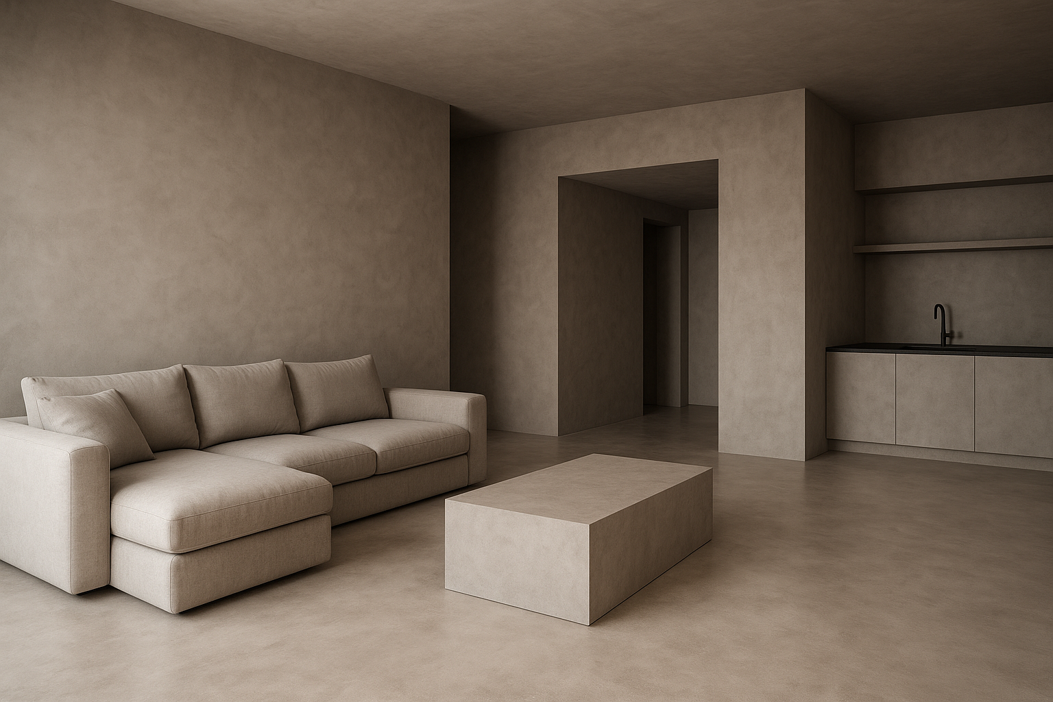 Mikrocement – czym jest i dlaczego zdobywa polski rynek? Kompletny przewodnik dla początkujących Nowoczesne wnętrze z mikrocementem – jednolite, bezspoinowe wykończenie ścian, podłogi i sufitu w odcieniach beżu; minimalistyczny salon z jasną sofą, prostokątnym stolikiem i aneksem kuchennym, prezentujący elegancki efekt mikrocementu w aranżacji premium.