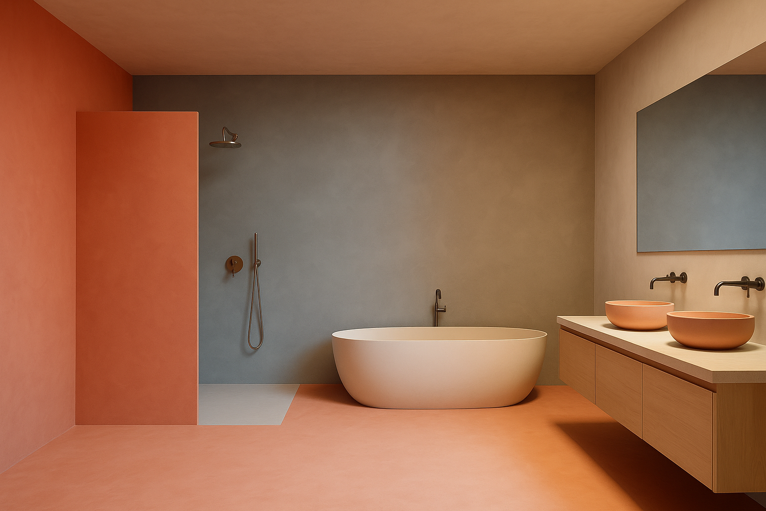 Gdzie najlepiej sprawdza się mikrocement? Top 7 zastosowań w praktyce Łazienka wykończona mikrocementem w odcieniach koralu, szarości i beżu; nowoczesna przestrzeń z otwartym prysznicem, wolnostojącą wanną oraz podwójną umywalką na drewnianej szafce, utrzymana w kolorystyce z palety logo marki.